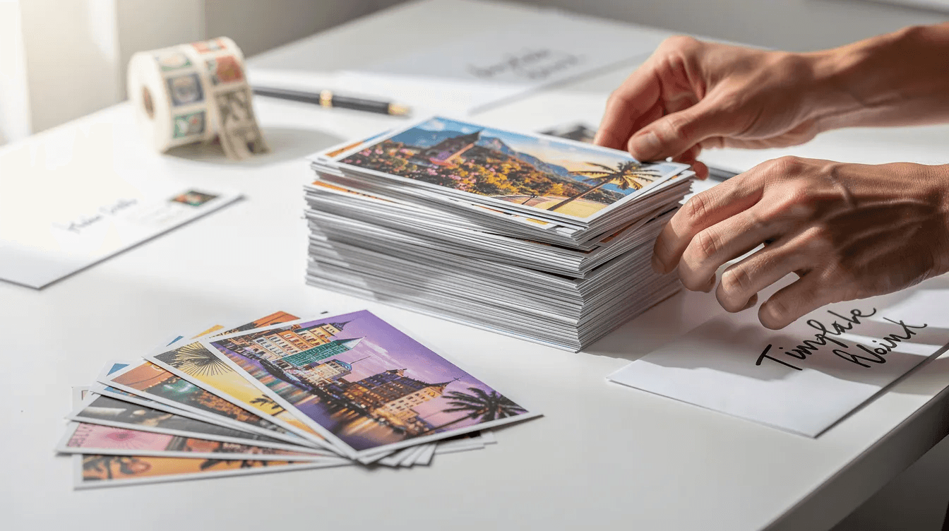 A stack of freshly printed colorful postcards is neatly arranged on a clean white desk, ready for mailing as part of a marketing strategy to engage prospective customers. The vibrant designs reflect the company's brand identity, highlighting their promotional efforts to attract customer interest.