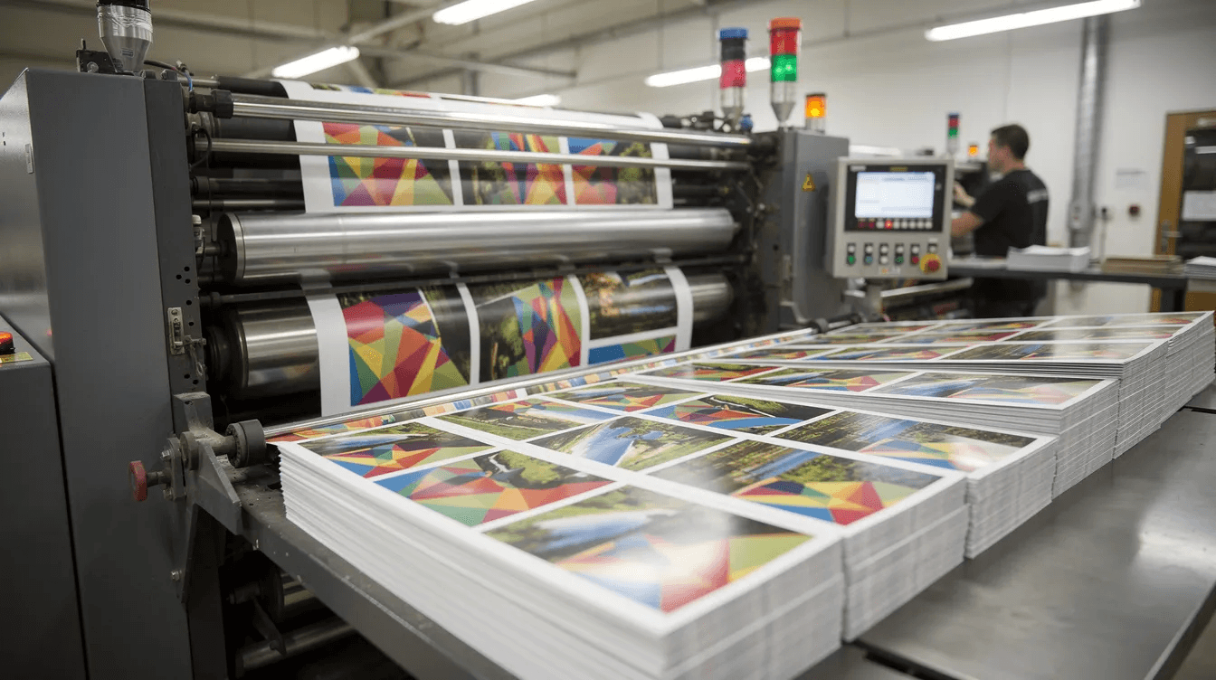 The image shows a commercial printing press actively producing a batch of full-color oversized postcards, showcasing vivid imagery that is ideal for direct mail marketing campaigns aimed at attracting new customers for home services businesses. The postcards, designed with professional templates, are ready to be delivered to customers' mailboxes, enhancing the effectiveness of home services marketing efforts.