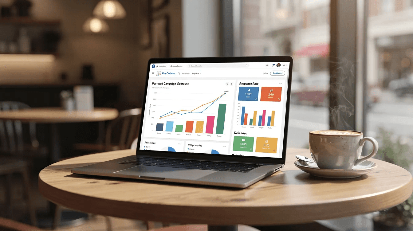 An open laptop sits on a cafe table, displaying a postcard campaign dashboard that highlights various marketing strategies, while a steaming coffee cup rests nearby, inviting creativity and focus for digital marketing efforts.