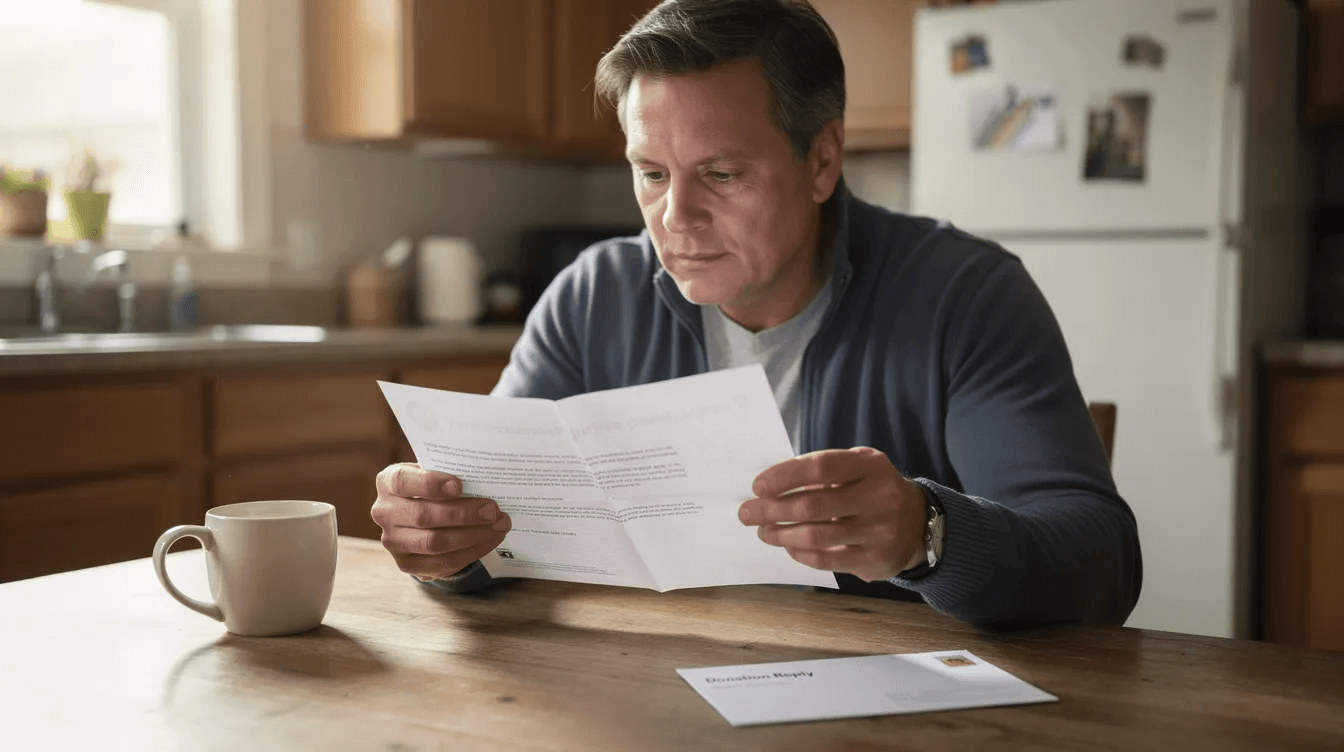 A person is seated at a kitchen table, intently reading a fundraising letter from a nonprofit organization, with a reply envelope placed beside it for easy return through the United States Postal Service. The scene captures the essence of direct mail efforts aimed at raising funds to fulfill vital missions.